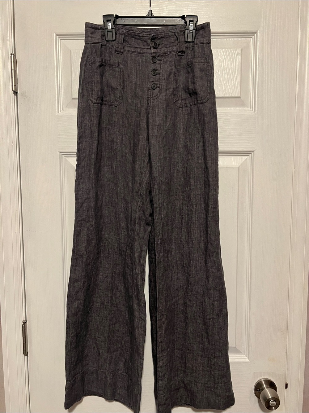 CAbi Linen Wide-Leg Button-Front Trousers in Charcoal